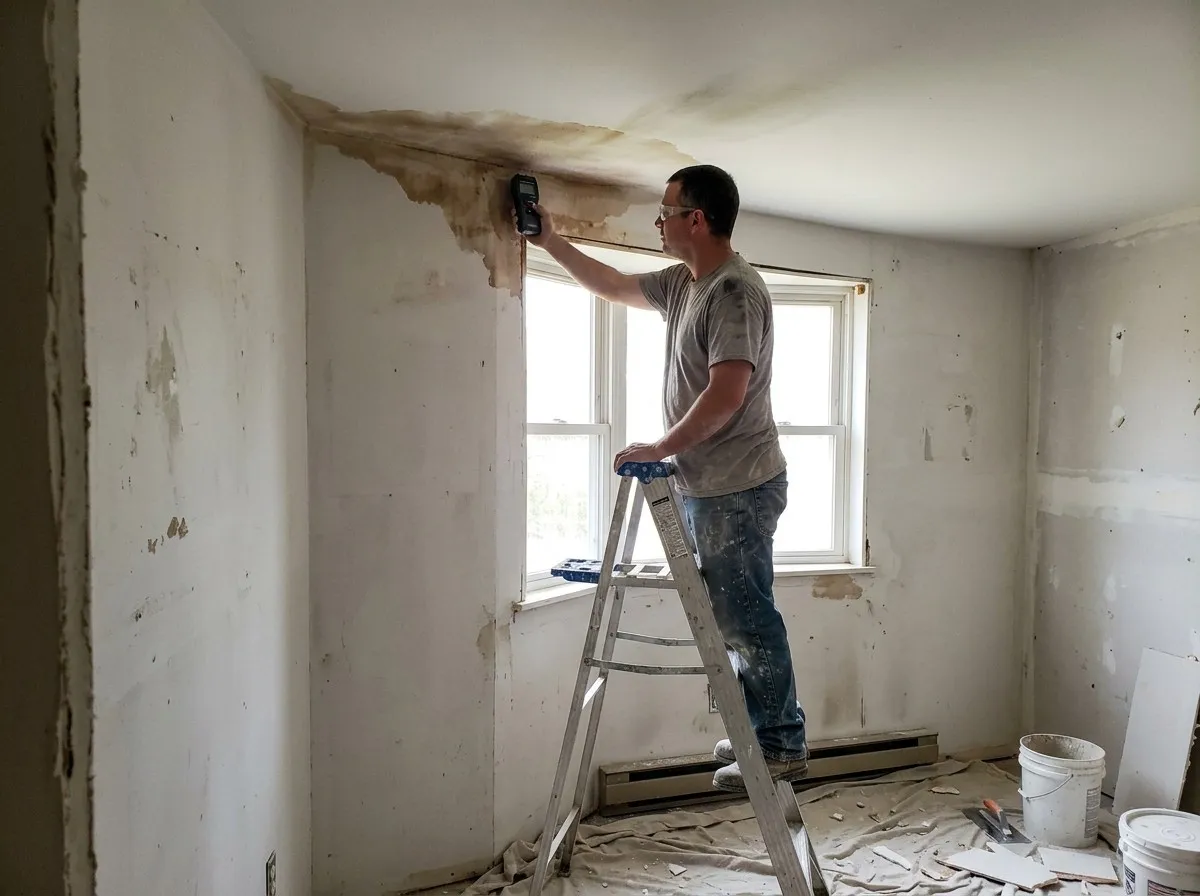 A drywall technician on a stepladder holding a moisture meter to a water-stained ceiling corner above a window, where the drywall is peeling from past leaks
