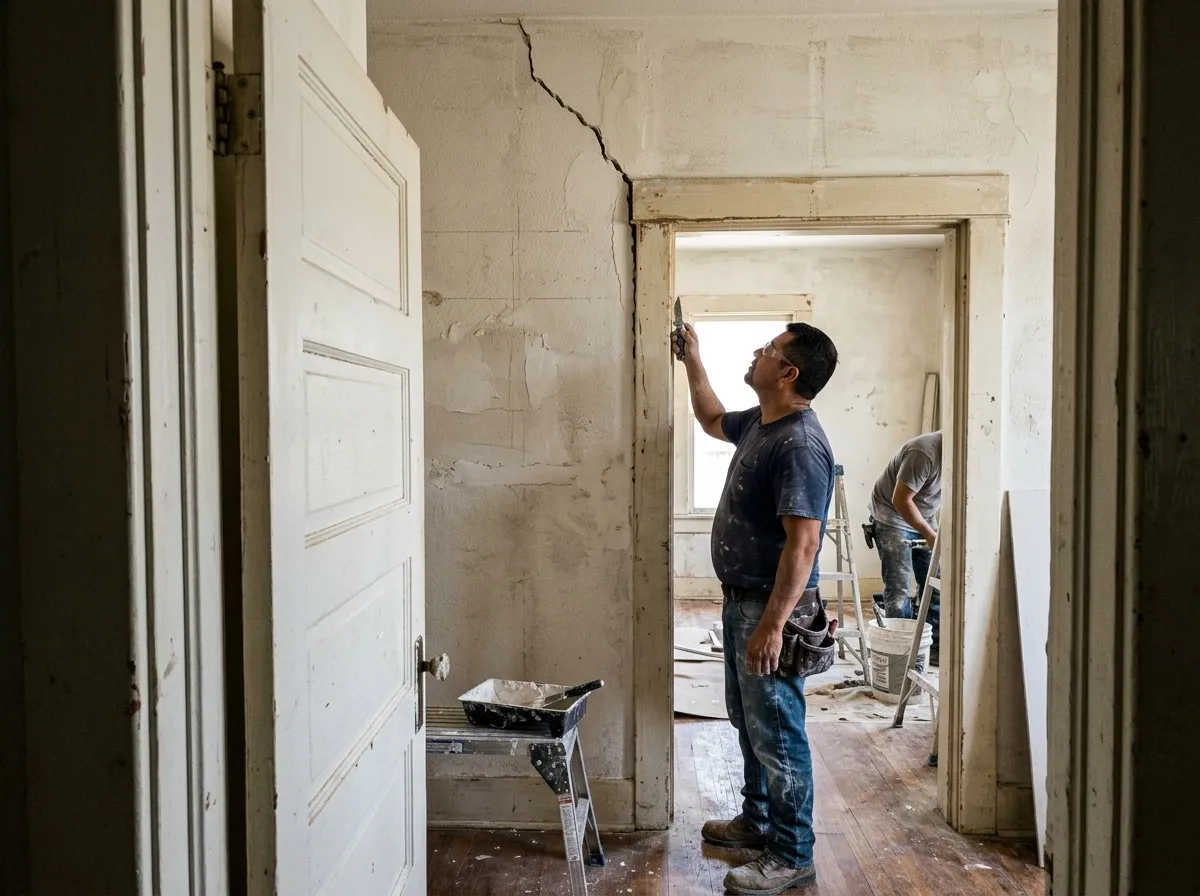 A drywall finisher inspecting a long crack running up from the corner of a doorway in an older home, seen through an open door, while a second crew member works in the next room