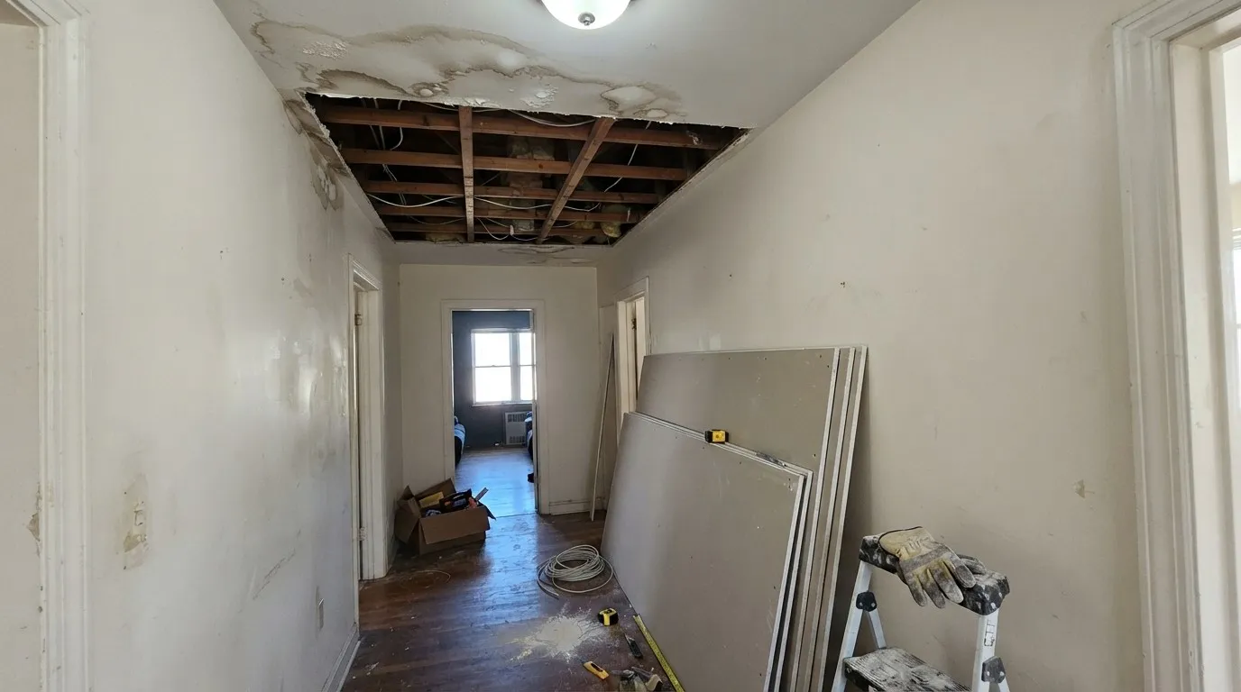 An apartment hallway with a storm-damaged section of ceiling cut out to the joists, water stains spreading around the opening and new drywall sheets leaning against the wall