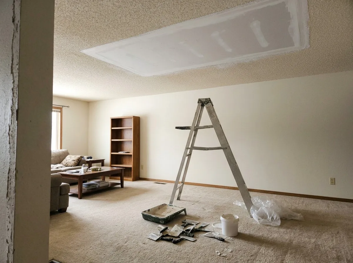 A living-room ceiling with a large new drywall patch taped and mudded into the old textured ceiling, a stepladder, knives and a mud pan on the carpet below