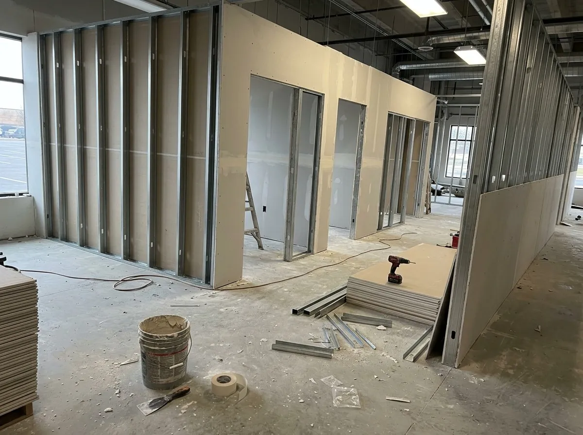 A ground-floor office suite being divided into private offices with metal-stud partitions, some walls sheeted with drywall and door openings framed, with stacks of board, studs and a bucket of compound on the concrete floor