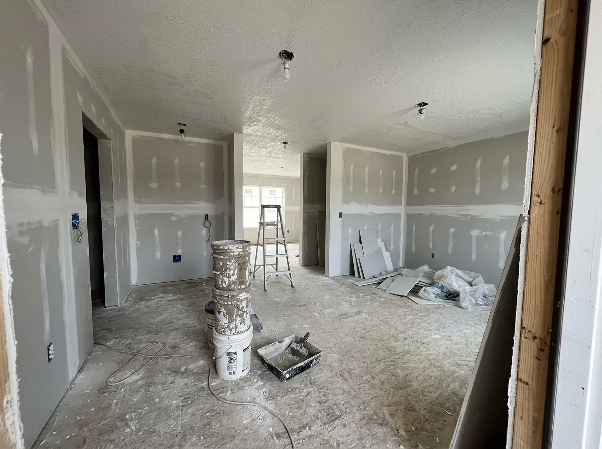 The inside of a new single-family house seen from a doorway, every room hung with drywall and the seams taped and first-coated, a knockdown-textured ceiling, stacked compound buckets and a stepladder on the subfloor