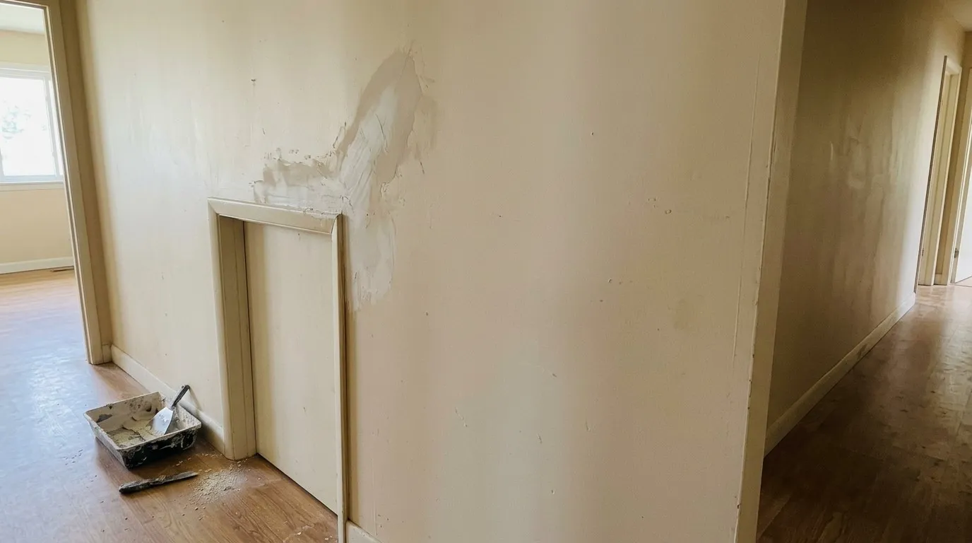 A hallway wall with a first coat of compound feathered over a repaired crack running up from the corner of a door frame, a mud pan and knives on the wood floor below