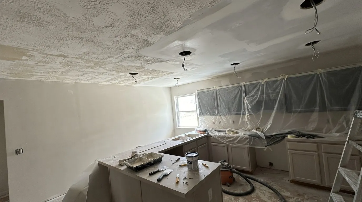A kitchen ceiling with the old texture scraped on one side and a smooth skim coat on the other, recessed light cutouts open, plastic sheeting taped over the cabinets and finishing tools on the counter