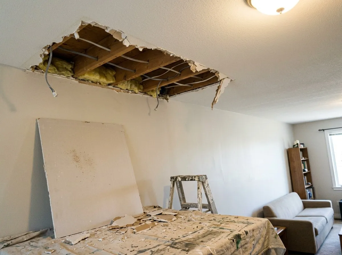A living-room ceiling with a damaged section torn out to the joists and insulation, a new sheet of drywall leaning against the wall below and debris on a drop cloth