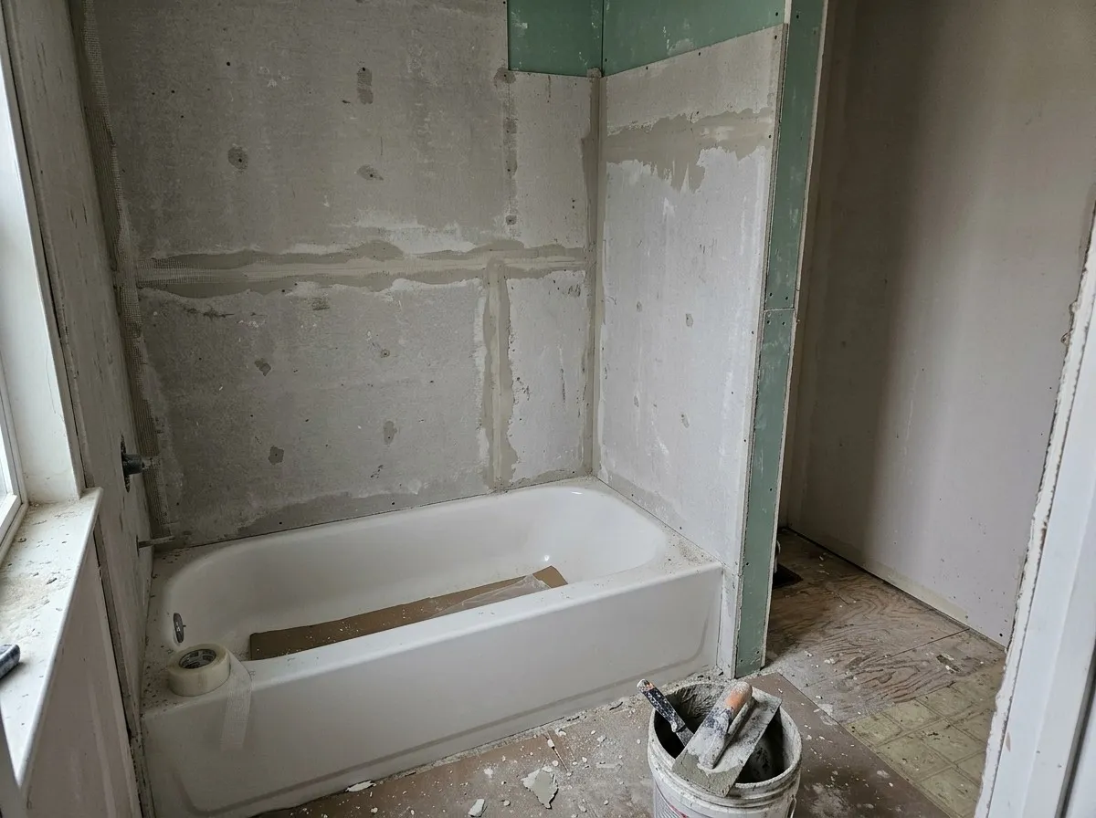A bathtub surround covered in cement backer board with mesh-taped, mortared seams, ready for tile, with green moisture-resistant board above and a bucket of trowels on the floor