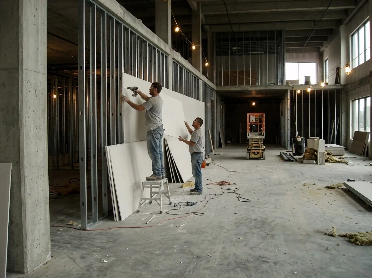 Two installers hanging drywall on a long metal-stud partition in a large open commercial space with concrete columns, a scissor lift parked further back