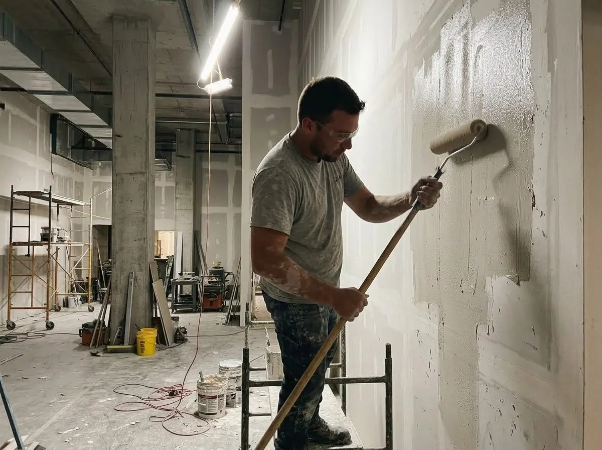 A finisher on a rolling platform applying a full skim coat to a tall commercial wall with an extension roller, under work lights in an open space with concrete columns and scaffolding