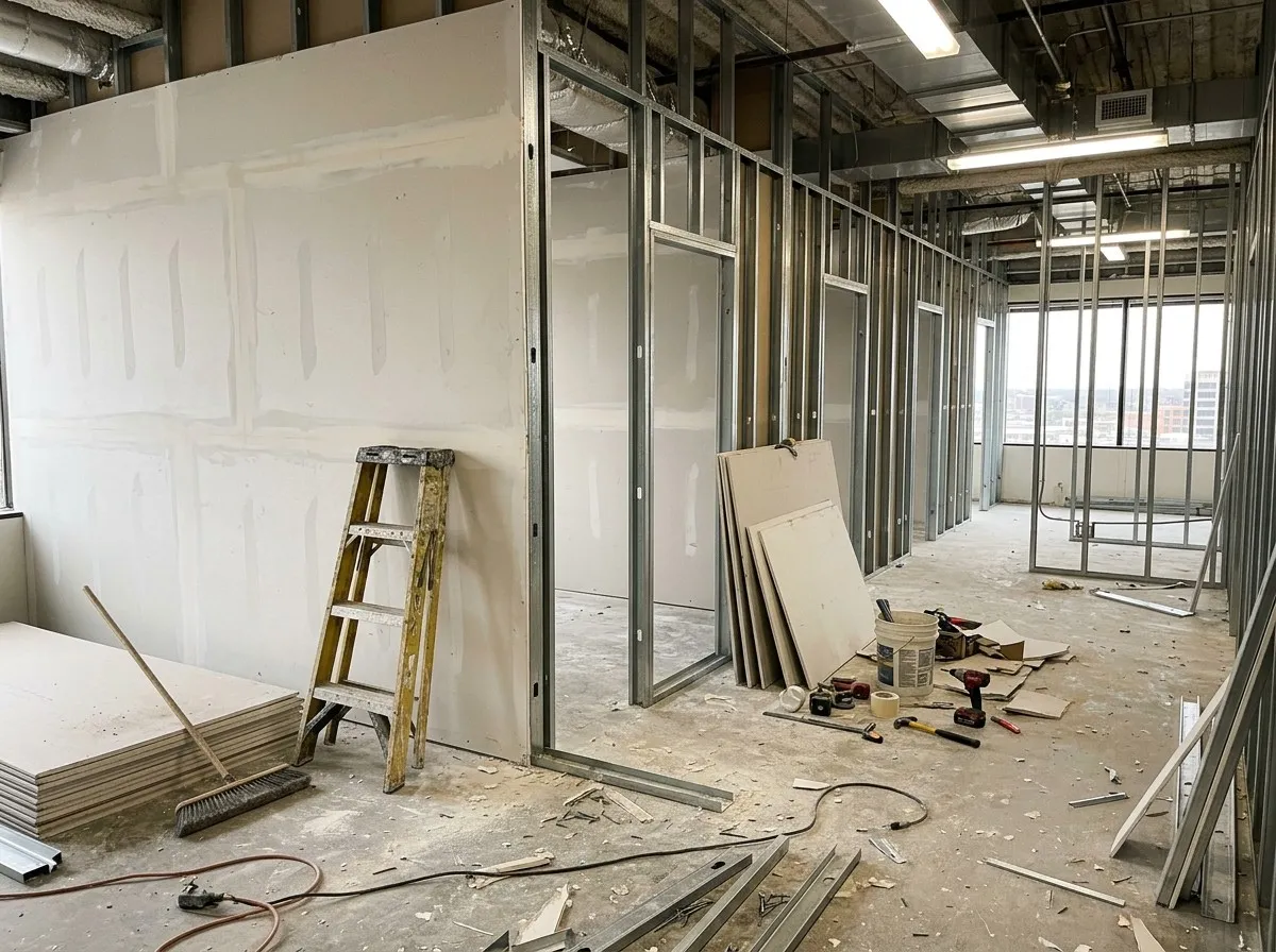 Metal-stud partitions framing out a row of private offices in an empty office suite, one wall already sheeted and taped, with a stack of drywall, a stepladder and tools on the concrete floor