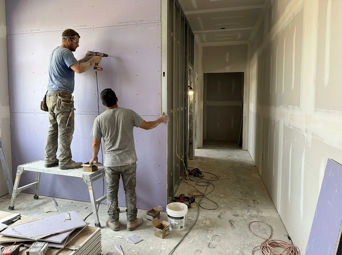 Two installers screwing sheets of specialty drywall onto a tall metal-stud wall beside a corridor in a commercial build, one on a work platform and one holding the board, with offcuts and boxes of screws on the floor