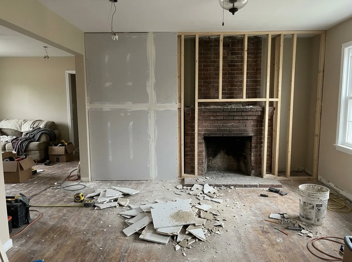 A wood stud frame built out around an old brick fireplace in a living room, the left half already sheeted with drywall and taped, with drywall offcuts and tools on the wood floor