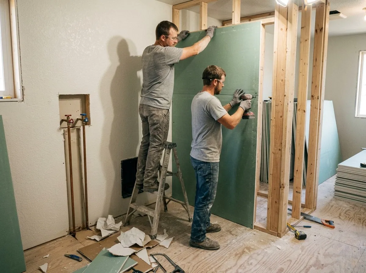 Two installers hanging green moisture-resistant drywall on a new stud wall in a laundry room, beside the washer hookups, with offcuts and tools on the subfloor