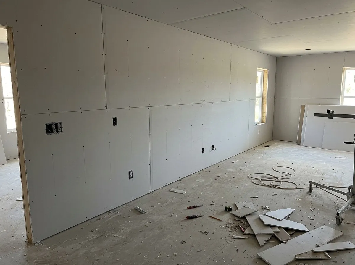 A large room in a new house with drywall hung on the walls and ceiling and electrical boxes cut out, seams not yet taped, a drywall panel lift and offcuts on the subfloor