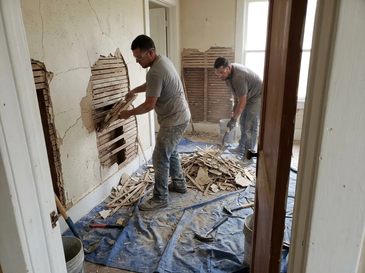 Two crew members removing cracked plaster and wood lath from the walls of an older home, one pulling lath strips from an opened wall while the other shovels debris off a blue tarp, seen through a doorway