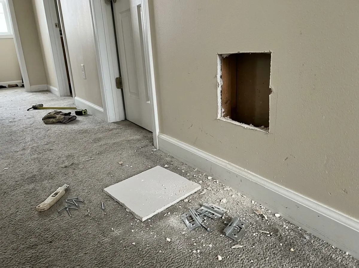 A damaged section of hallway wall cut back to a clean square, with the new drywall patch piece, repair clips, screws and a utility knife on the carpet below
