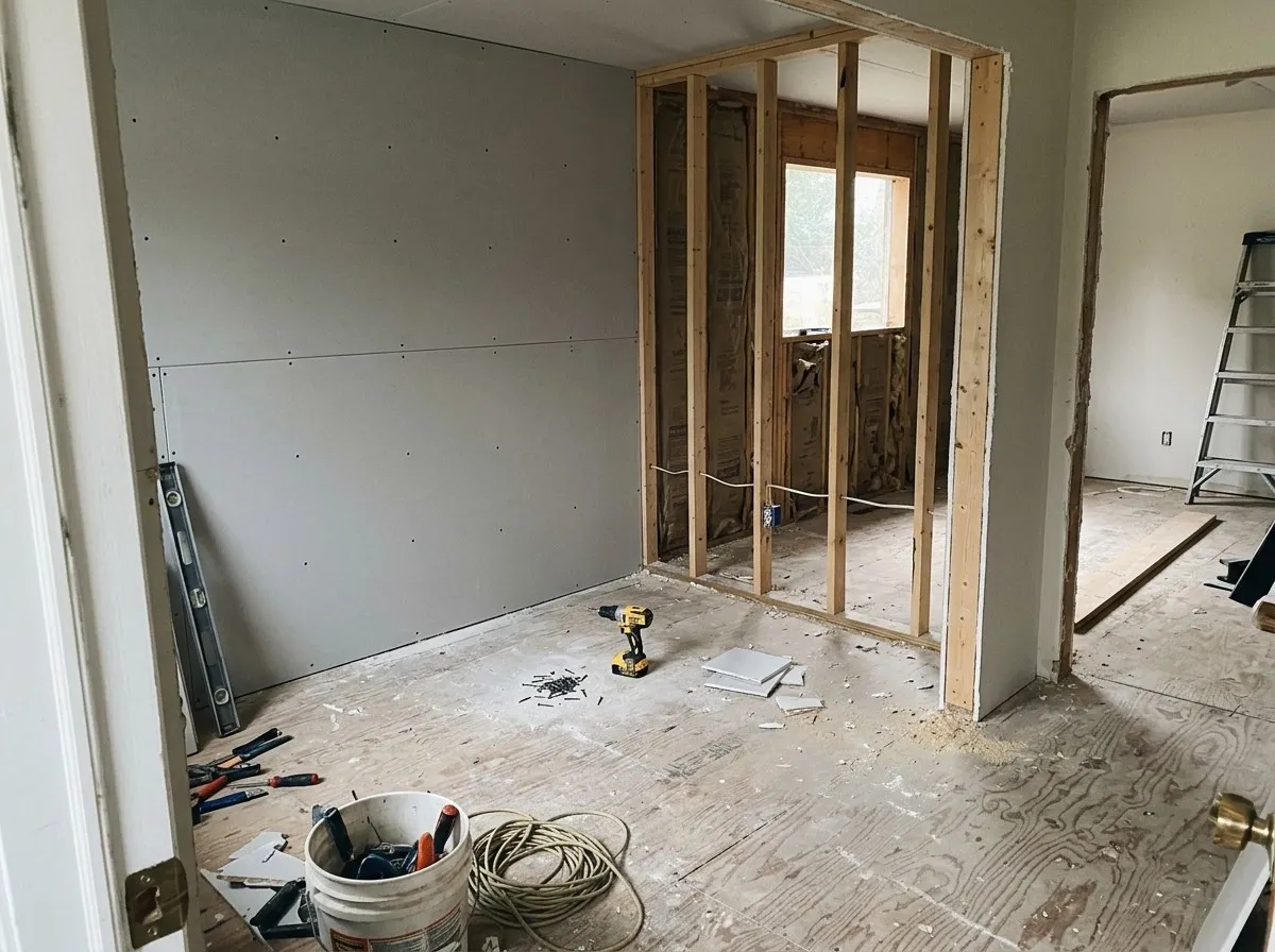 A room mid-remodel with new drywall screwed to one wall and a freshly framed stud partition beside it, a cordless drill, screws and hand tools on the subfloor