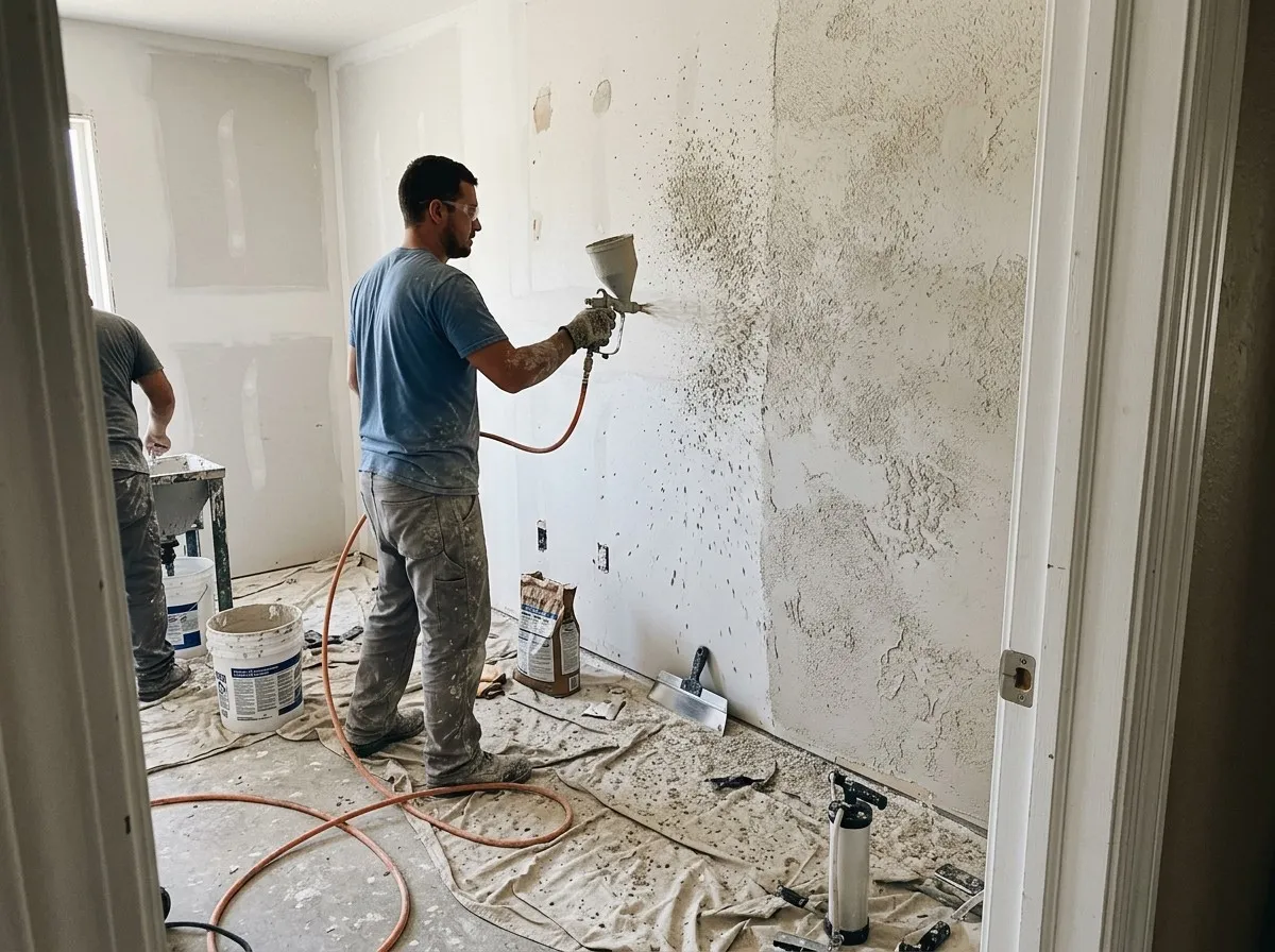 A finisher spraying texture onto a wall with a hopper gun, part of the wall already textured and part still smooth, while a second crew member mixes compound in the background