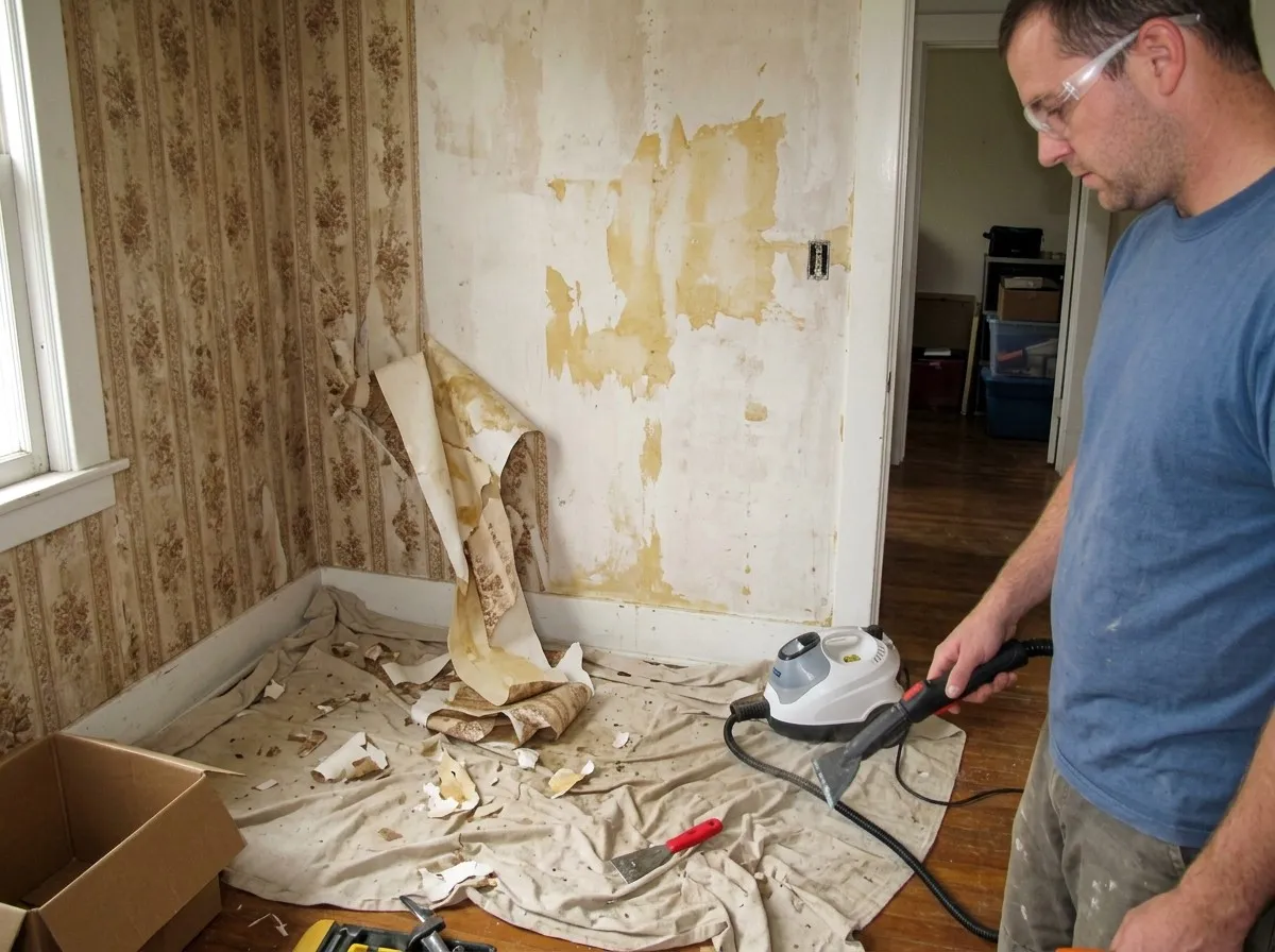 A crew member with a wallpaper steamer in a bedroom corner where old patterned wallpaper has been stripped from one wall, leaving adhesive stains, with torn strips and a scraper on the drop cloth