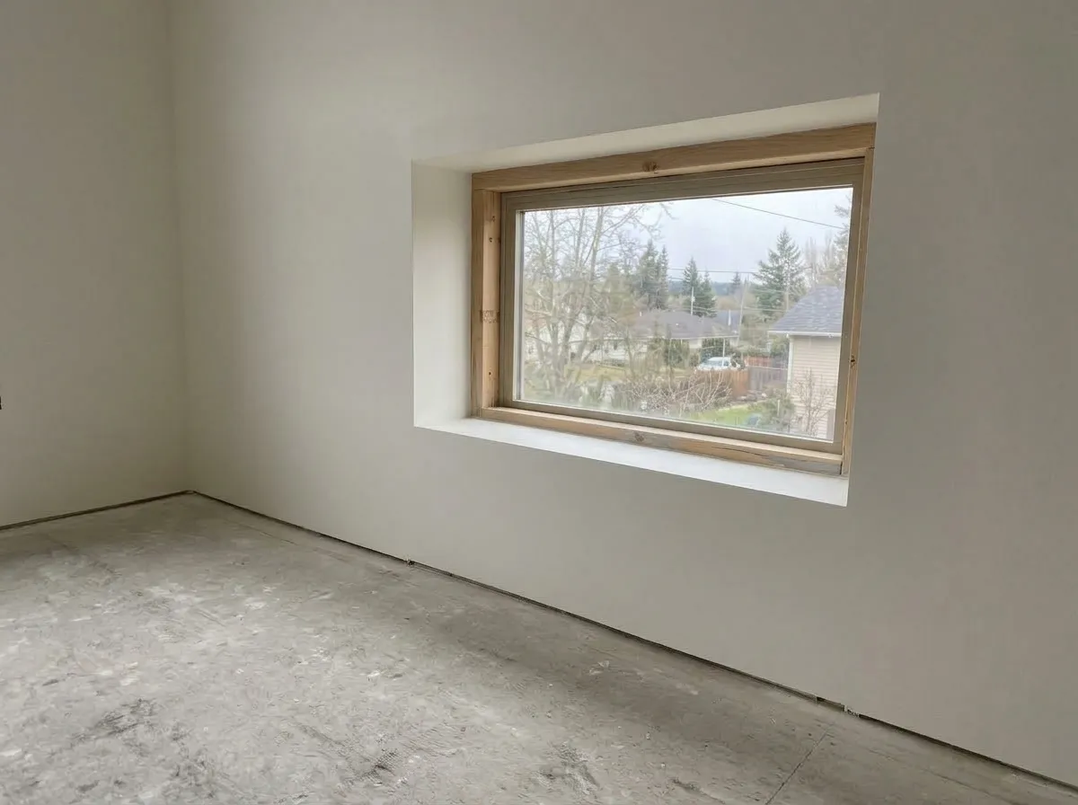 A window opening in a newly finished room with smooth drywall returns wrapped into the sides, head and sill instead of wood trim