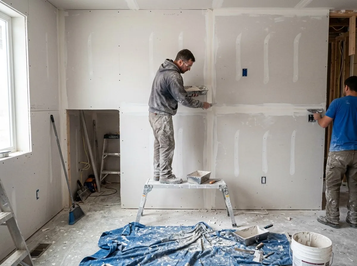 Two drywall finishers taping and first-coating seams on a newly hung wall, one on a work platform with a mud pan, with a drop cloth, bucket and tools on the floor